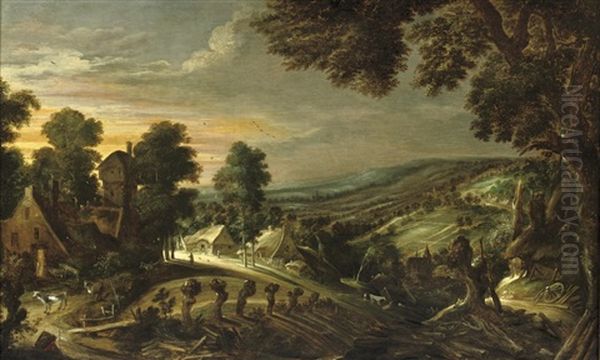 An Extensive Hilly Landscape With Farmsteads Oil Painting by Kerstiaen de Keuninck