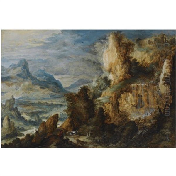 A Panoramic Mountainous Landscape, With Two Shepherds And Their Cattle Resting Along A Path In The Foreground Oil Painting by Kerstiaen de Keuninck