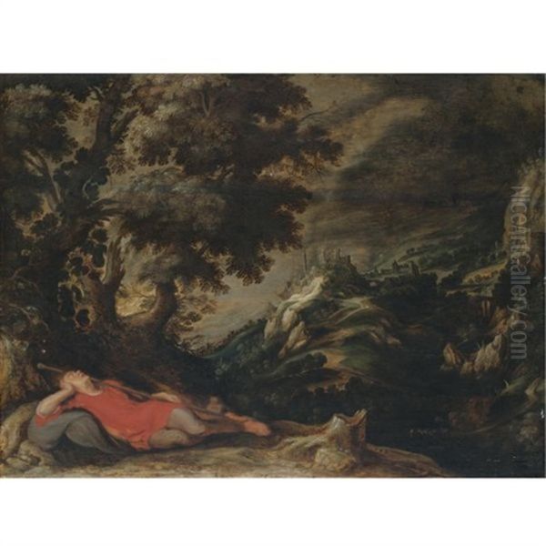 A Hillly Landscape With A Figure Resting In The Foreground (jacob's Dream?) Oil Painting by Kerstiaen de Keuninck