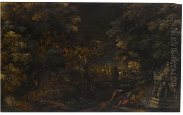 Pyramus And Thisbe In A Moonlit Wooded Landscape Oil Painting by Kerstiaen de Keuninck