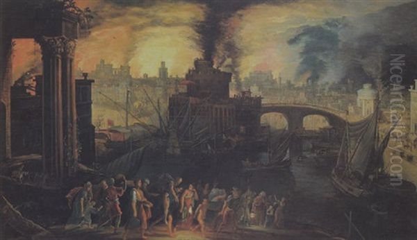 Der Brand Von Troya, Aeneas Und Seine Familie Fliehen Aus Der Brennenden Stadt Oil Painting by Kerstiaen de Keuninck