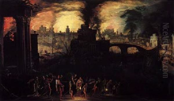 Aeneas And His Family Fleeing The Burning City Of Troy Oil Painting by Kerstiaen de Keuninck