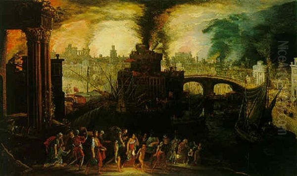 Aeneas And His Family Fleeing The Burning City Of Troy Oil Painting by Kerstiaen de Keuninck