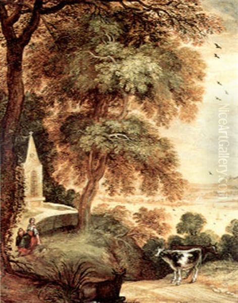 A Young Shepherdess With Cattle By A Chapel by Kerstiaen de Keuninck