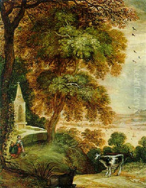 Hirtenszene: Eine Junge Hirtin Mit Drei Kuhen Bei Einer Waldkapelle Oil Painting by Kerstiaen de Keuninck