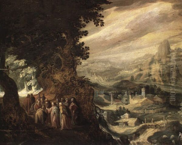 Christ Accompanied By Apostles On A Mountian Road Blessing A Pilgrim Oil Painting by Kerstiaen de Keuninck