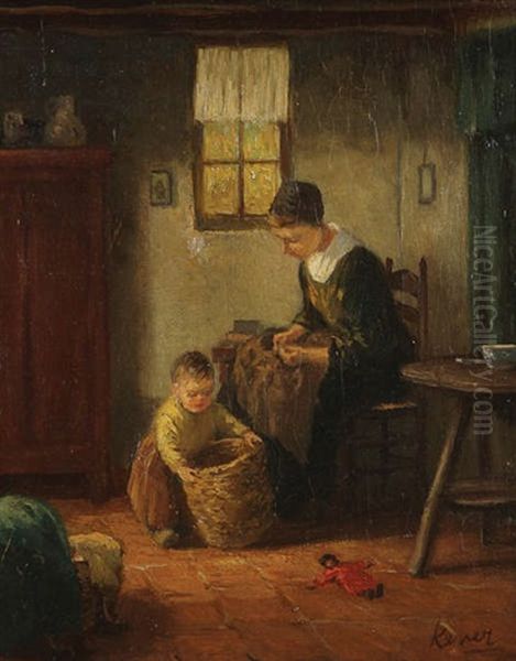 Interieur Paysan Hollandais Anime D'une Mere Et Enfant Faisant Des Travaux Domestiques Oil Painting by Jacob Simon Hendrik Kever