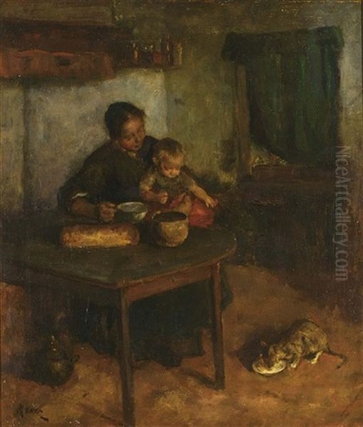 A Mother And Child In An Interior Oil Painting by Jacob Simon Hendrik Kever