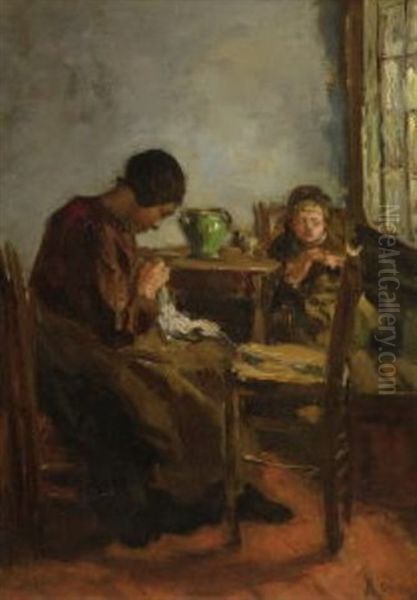 Naherin Mit Kleinem Madchen In Der Stube Oil Painting by Jacob Simon Hendrik Kever