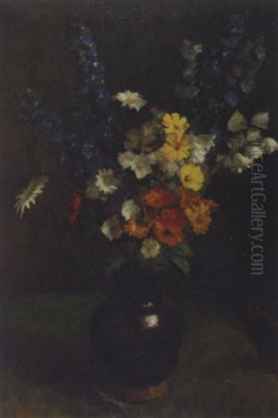 Blue Delphiniums, Bell-flowers, Daisies And Other Summer Flowers In A Vase Oil Painting by Jacob Simon Hendrik Kever