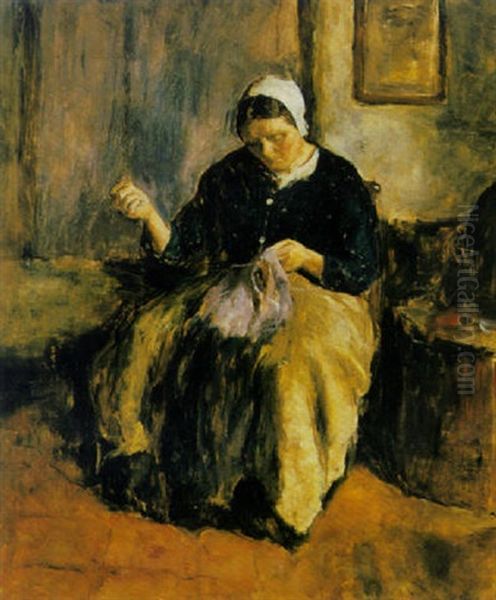 A Peasant Woman Mending Clothes Oil Painting by Jacob Simon Hendrik Kever