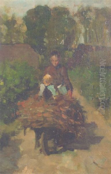 A Ride On Father's Wheelbarrow Oil Painting by Jacob Simon Hendrik Kever