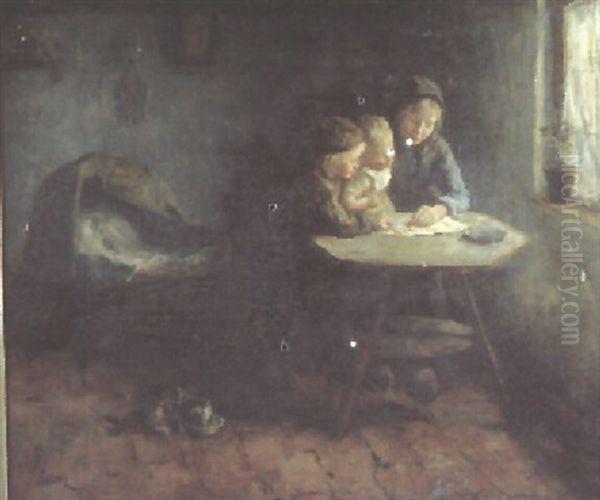 Dutch Interior, Depicting Children Reading At A Table Oil Painting by Jacob Simon Hendrik Kever