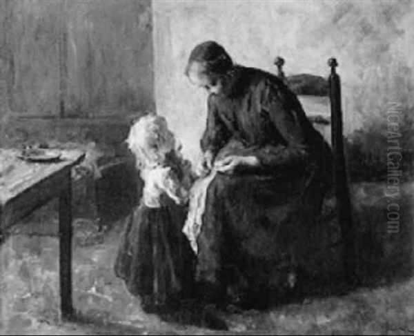 A Mother Mending Clothes With A Child Standing Nearby Oil Painting by Jacob Simon Hendrik Kever