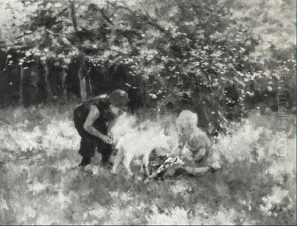 Children Playing With A Goat Oil Painting by Jacob Simon Hendrik Kever