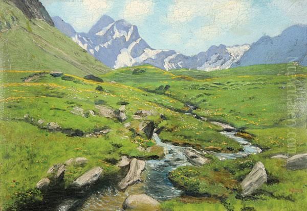 Summer Alpine Landscape Oil Painting by Heinrich Baur