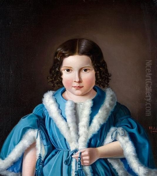 Portrait Of A Young Girl Wearing A Fur-trimmedblue Jacket Oil Painting by Heinrich Baur