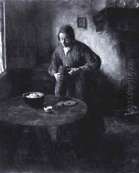 Interieur Mit Bauerin Beim Brotschneiden Oil Painting by Jacob Simon Hendrik Kever