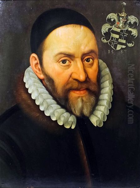 Shoulder Length Portrait Of A Bearded Gentleman Wearing A Ruff And Fur Trimmed Robe, With Armorial And Bearing Date To Top Right Hand Corner Oil Painting by Adriaen Thomasz Key