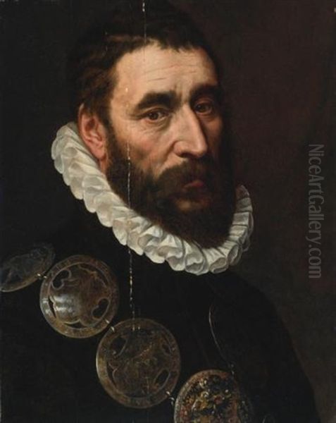 Portrait Of A Bearded Man, Bust Length, Wearing A Chain Of Guild Buckles Oil Painting by Adriaen Thomasz Key