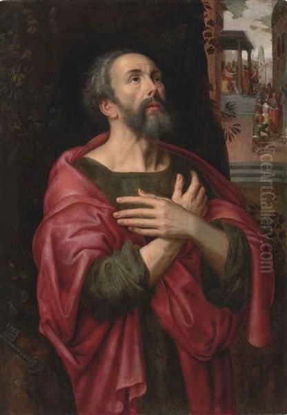 Saint Peter Penitent, With Christ Before Pilate And The Denial Of Saint Peter Beyond Oil Painting by Adriaen Thomasz Key