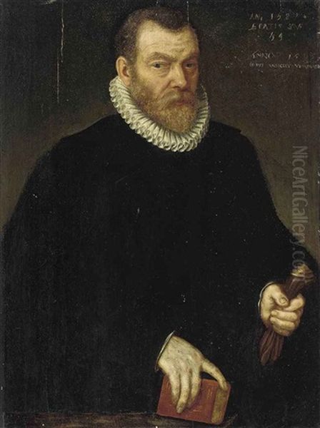 Portrait Of A Gentleman In Black Robes With White Ruff, A Book In His Right Hand And A Glove In His Left Hand, At A Parapet Oil Painting by Adriaen Thomasz Key