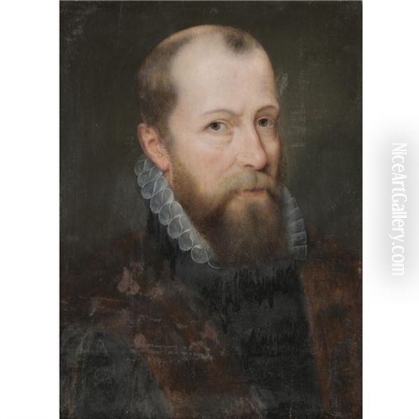 Portrait Of A Bearded Gentleman Wearing A Fur-lined Cloak And A White Embroidered Collar Oil Painting by Adriaen Thomasz Key