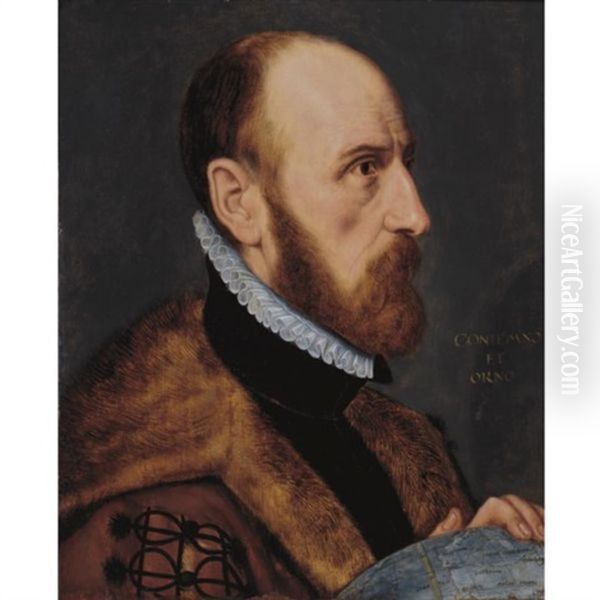 Portrait Of Abraham Ortelius, In Near Profile, Bust-length, Facing To The Right, Resting His Left Hand On A Globe Oil Painting by Adriaen Thomasz Key