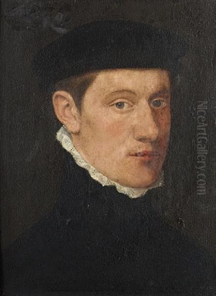 Portrait Of A Young Man, Bust-length, In Black Costume With A White Lace Collar And A Black Hat Oil Painting by Adriaen Thomasz Key