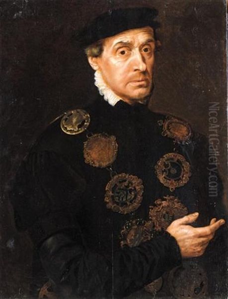 Portrait Of A Gentleman Wearing Black With A Chain Of Guild Buckles Including That Of A Goldsmith's Company Oil Painting by Adriaen Thomasz Key