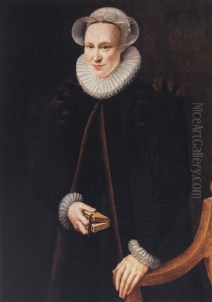 Portrait Of A Lady Wearing A Black Coat And A White Ruff, Holding A Book Oil Painting by Adriaen Thomasz Key