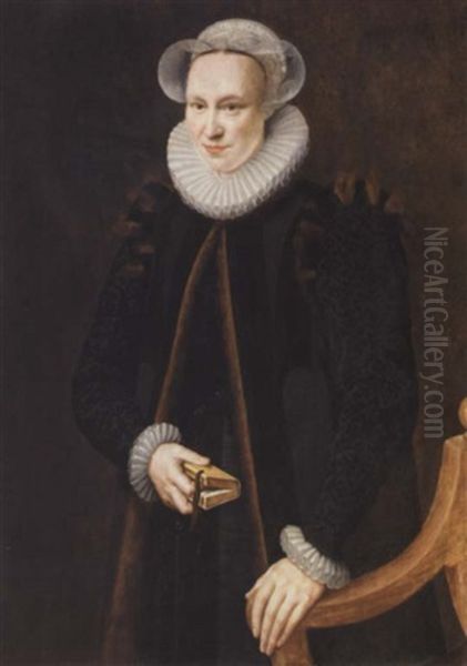 A Portrait Of A Lady Wearing A Black Coat And A White Ruff, Holding A Book Oil Painting by Adriaen Thomasz Key