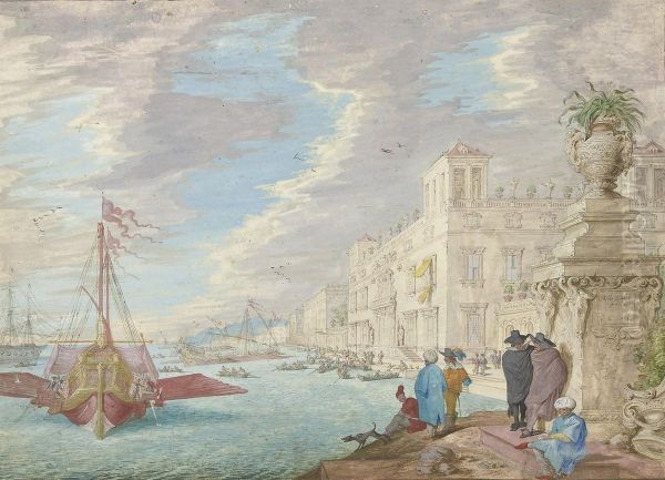 View Of An Italianate Harbour With Elegant Barges Setting Out Fromport Oil Painting by Johann Wilhelm Baur