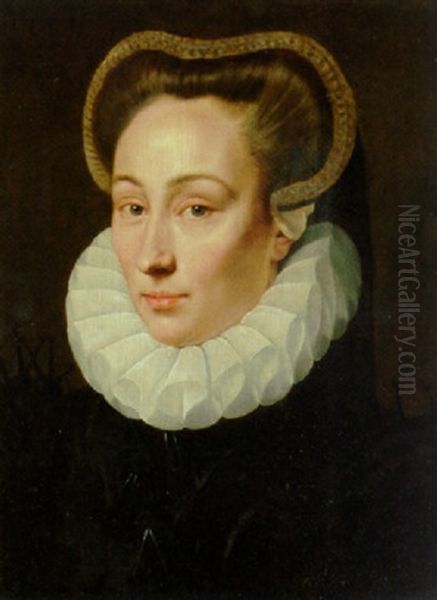 Portrait Of A Lady In A Black Brocade Dress With An Organza Ruff Oil Painting by Adriaen Thomasz Key