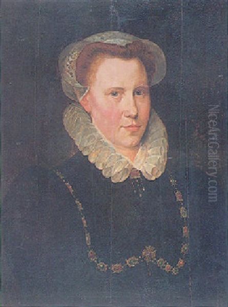 Portrait Of A Lady Wearing A Black Dress, A Ruff And Gold Chain Encrusted With Precious Stones Oil Painting by Adriaen Thomasz Key