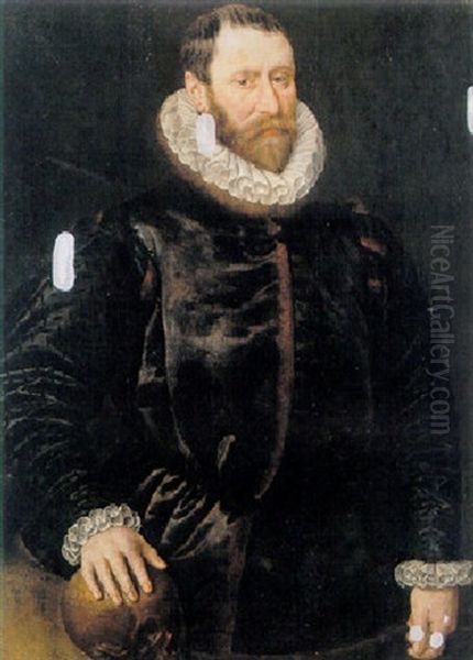 A Portrait Of Jacob Bas Claesz, Burgmaster Of Amsterdam, Wearing Black Costume With Right Hand Resting On A Skull Oil Painting by Adriaen Thomasz Key