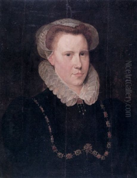 Portrait Of A Lady Wearing A Black Dress, A Ruff And A Gold Chain Encrusted With Precious Stones Oil Painting by Adriaen Thomasz Key