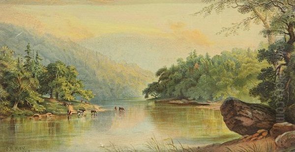 River Scene With Cattle Watering Oil Painting by John Ross Key