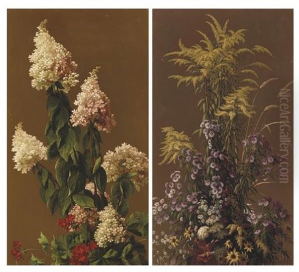 Goldenrod And Other Wild Flowers And Lilacs And Other Garden Flowers (a Pair) Oil Painting by John Ross Key