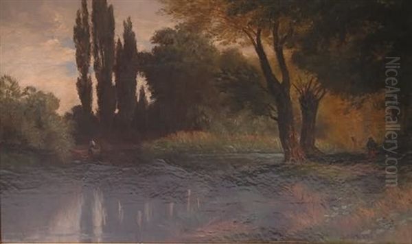 Sylvan Landscape With Figure Boating On River, Figure In Woods Oil Painting by John Ross Key