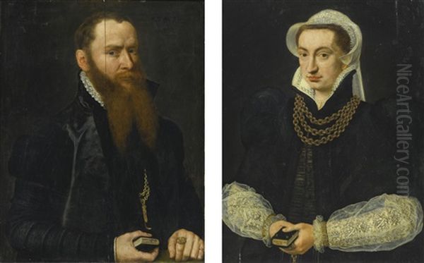 Portrait Of A Bearded Gentleman, Half Length, In A Black Doublet, Holding The Book Of Psalms; Portrait Of A Lady, Half Length In A Black Gown, Holding The Book Of Psalms Oil Painting by Willem Key