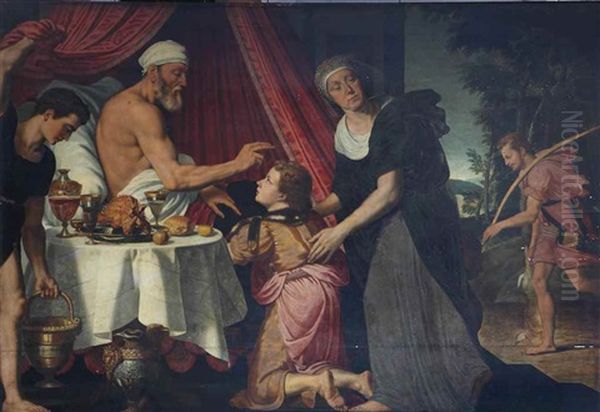 Isaac Blessing Jacob With The Presence Of Rebecca, With Esau Returning From The Hunt In The Background Oil Painting by Willem Key