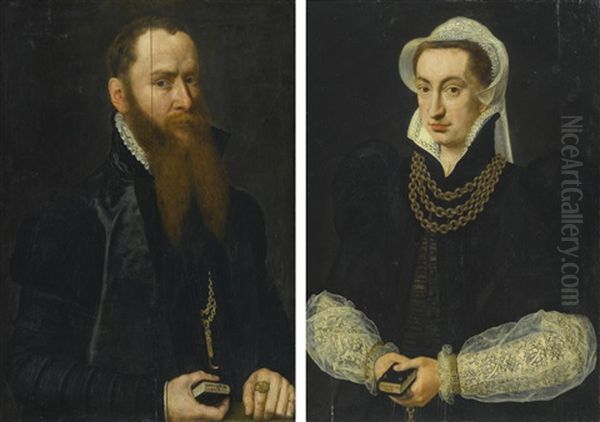 Portrait Of A Bearded Gentleman, Half Length, In A Black Doublet, Holding The Book Of Psalms; Portrait Of A Lady, Half Length In A Black Gown, Holding The Book Of Psalms (pair) Oil Painting by Willem Key