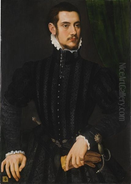 Portrait Of A Gentleman, Said To Be 'perari Di Cremona', Half-length, Wearing A High-collared Black Coat With White Cuffs And Collar, Holding A Pair Of Gloves, Standing Before A Green Curtain Oil Painting by Willem Key