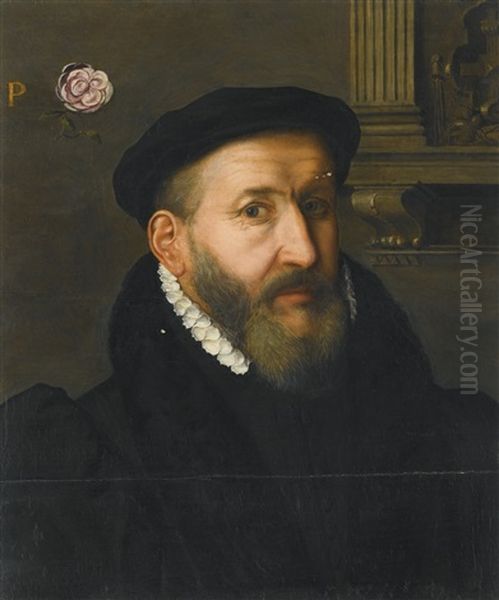 Portrait Of A Gentleman Wearing A Black Beret And A White Collar Oil Painting by Willem Key