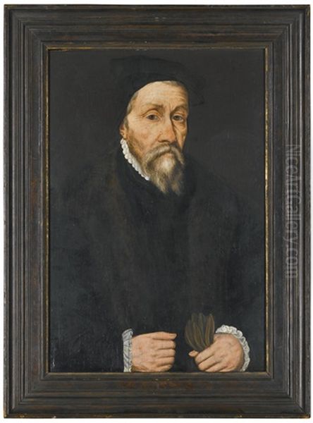 Portrait Of A Gentleman, Dressed In Black, Holding A Pair Of Gloves Oil Painting by Willem Key