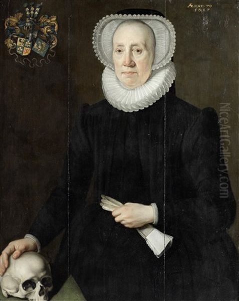 Portrait Of An Elderly Lady Of The Van Heemstra Family Of Friesland, Three-quarter-length, Holding A Pair Of Gloves And With Her Right Hand Resting On A Skull Oil Painting by Willem Key