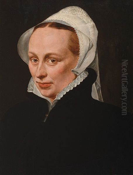 Portrait Of A Lady In A Black Dress With A White Collar And Lace Cap Oil Painting by Willem Key