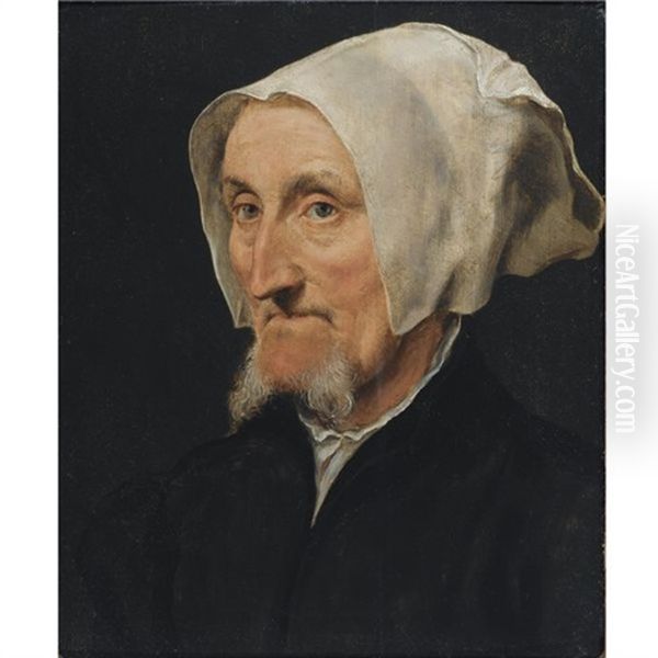 A Portrait Of Margret Halseber Of Basel, The Lady With The Two Beards, Head And Shoulders, Wearing A White Headdress Oil Painting by Willem Key