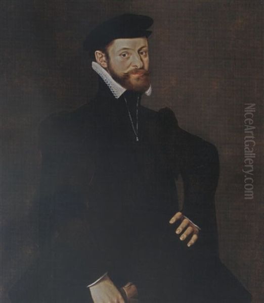 A Portrait Of A Bearded Gentleman, Aged 31, Wearing A Black Coat, Holding Gloves In His Right Hand Oil Painting by Willem Key